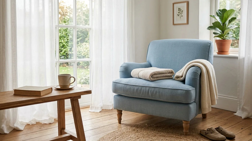 Fauteuil bleu et serviette dans un espace lumineux dédié à la détente à domicile.