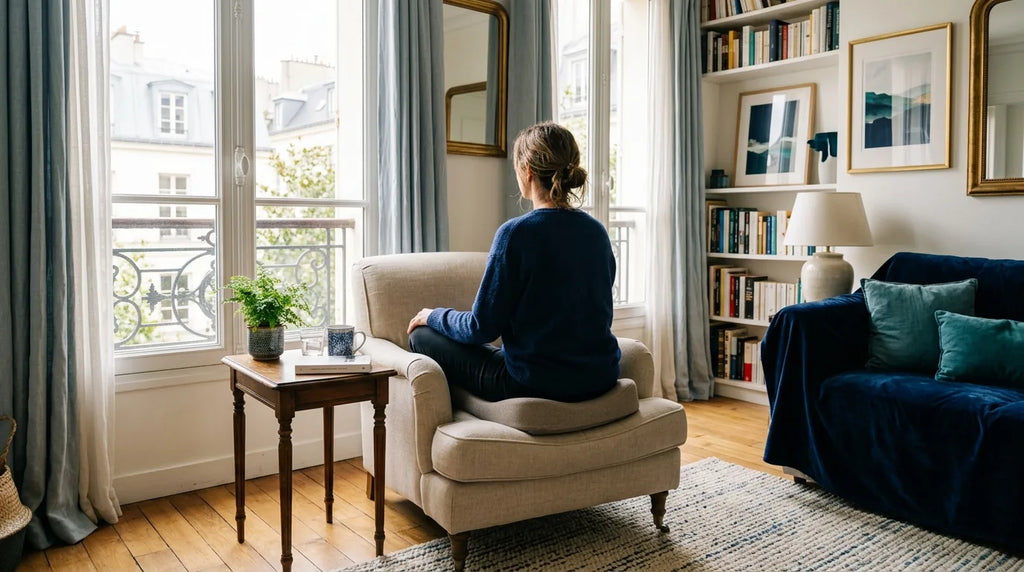 Personne assise de dos sur un coussin ergonomique dans un salon lumineux