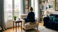 Personne assise de dos sur un coussin ergonomique dans un salon lumineux