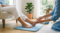 Massage doux du pied d’une personne assise sur un tapis bleu dans un intérieur lumineux.