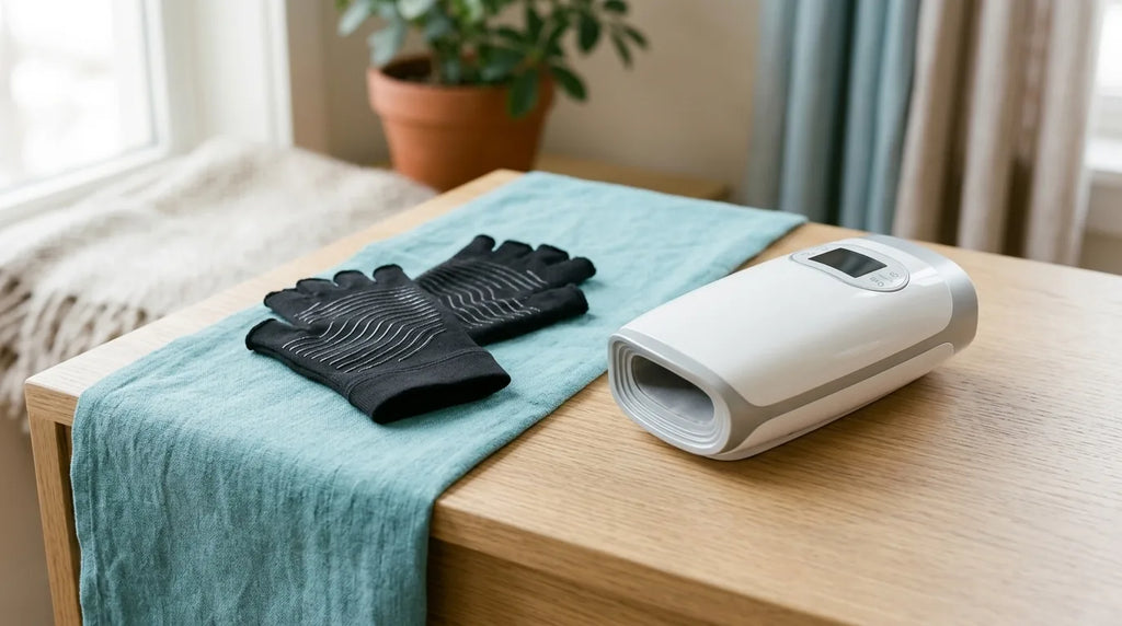 Gants noirs Arthritis et masseur électrique Acupoint posés sur un meuble en bois clair avec un linge turquoise