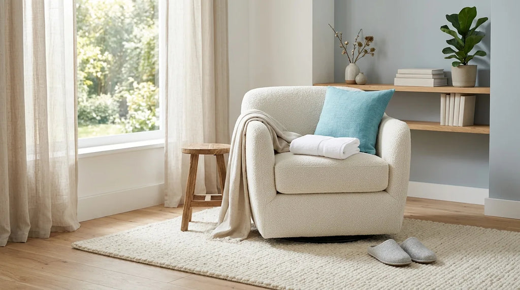 Fauteuil clair, serviette et chaussons dans un espace de détente à domicile.