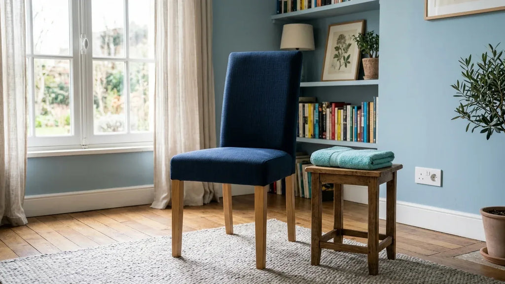 Chaise à dossier haut près d’une prise et d’une table en bois pour préparer une installation de massage à domicile.