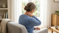 Personne vue de dos tenant doucement sa nuque dans un salon lumineux